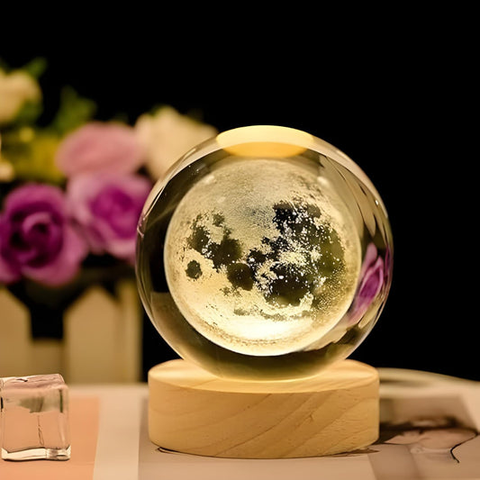 3D Crystal Moon Lamp – Engraved Crystal Ball LED Night Light with Wooden Base, USB Powered (Warm White)