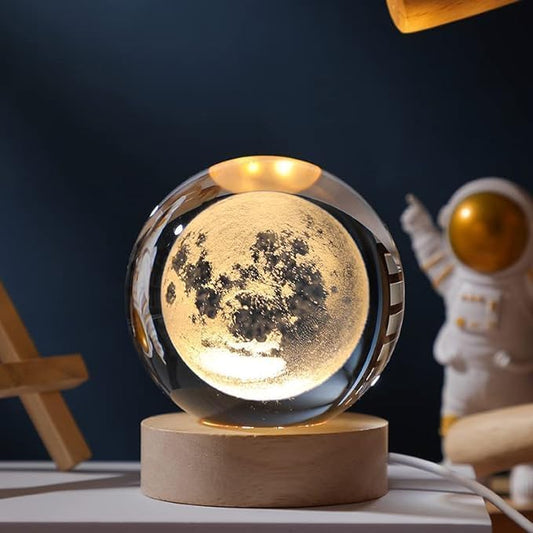 3D Crystal Moon Lamp – Engraved Crystal Ball LED Night Light with Wooden Base, USB Powered (Warm White)