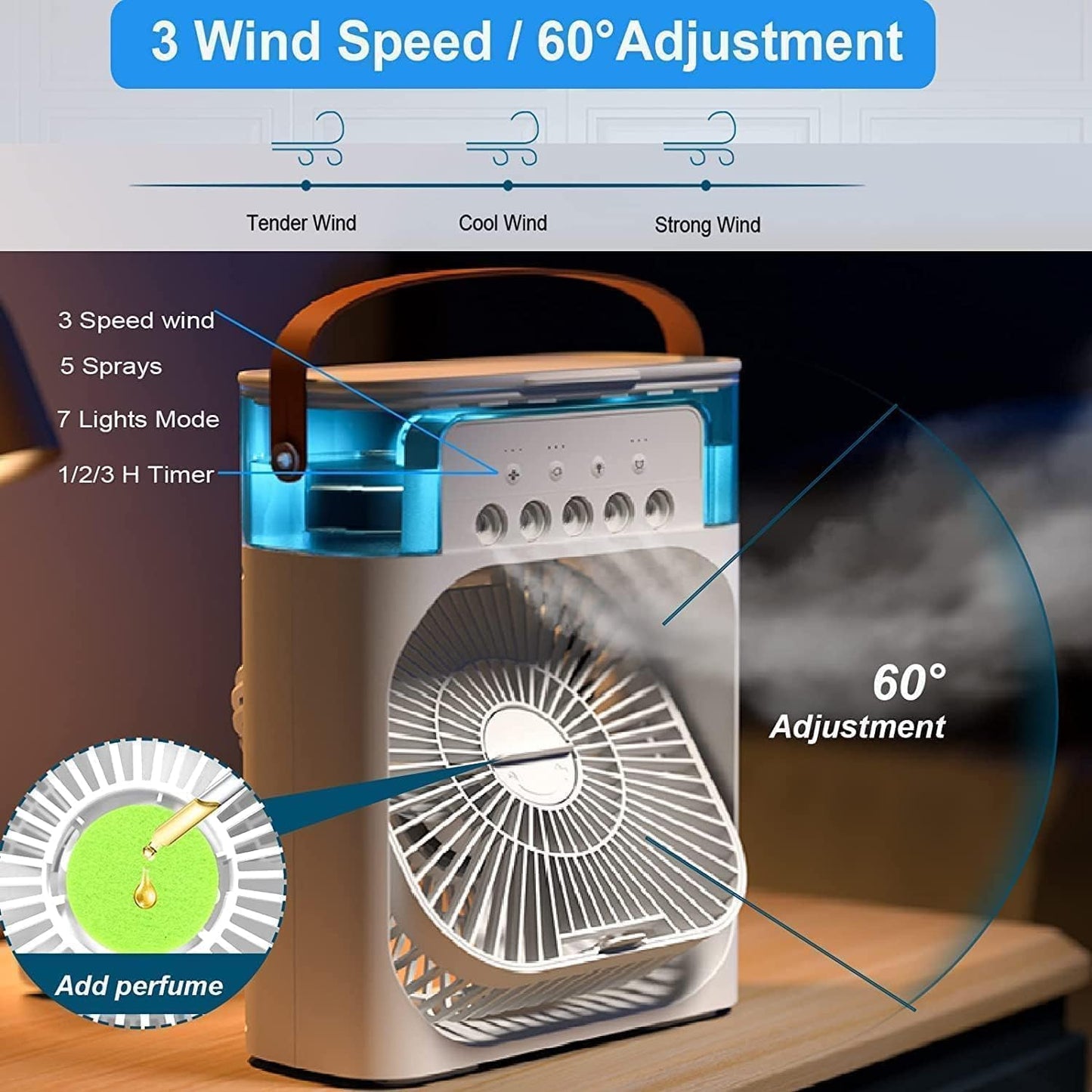 Mini Cooler for Room Cooling AC Portable Mini Fan Artic Cooler with 7 Colors LED Light, 1/2/3 H Timer, 3 Wind Speeds and 3 Spray Modes for Office,Home,Dorm,Travel1
