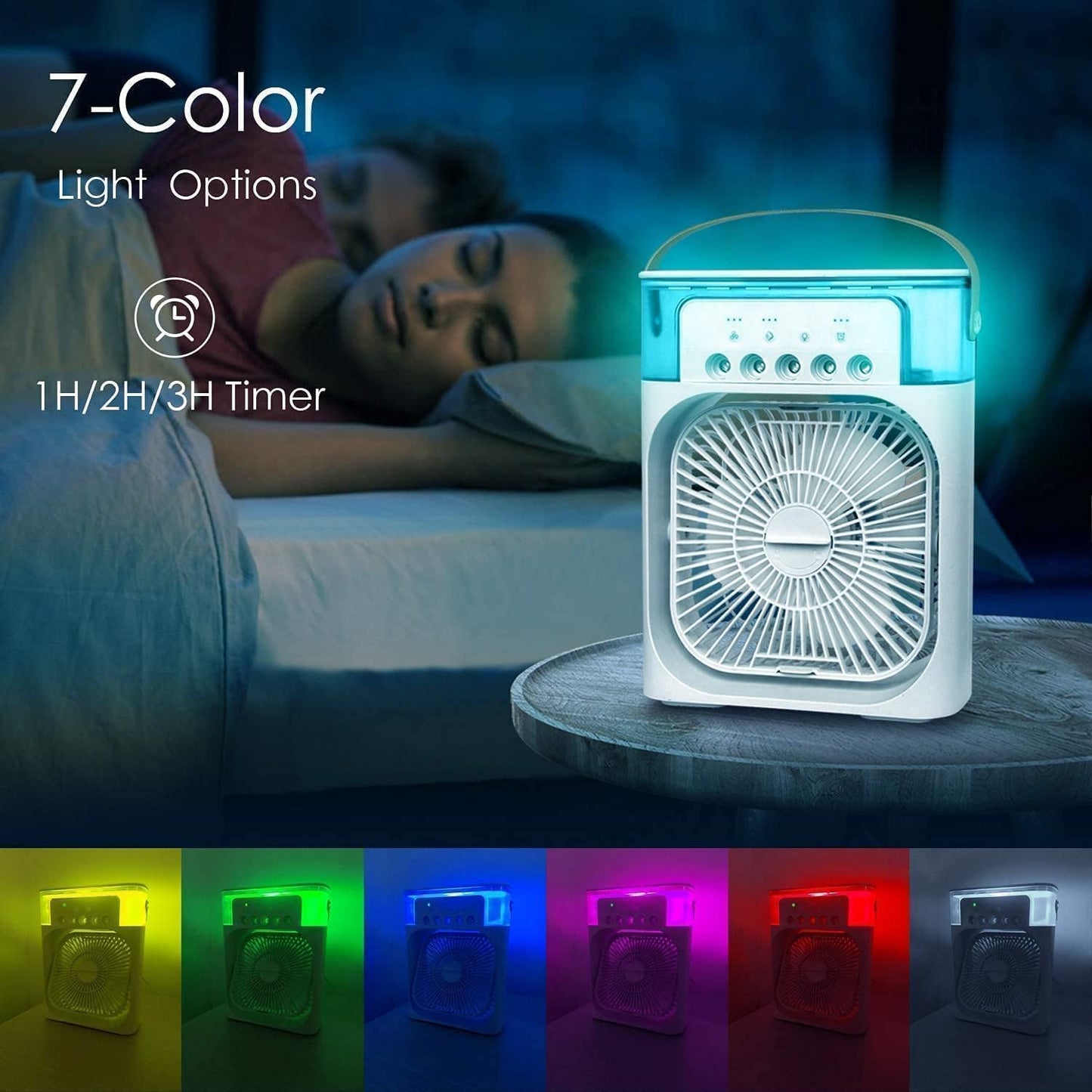 Mini Cooler for Room Cooling AC Portable Mini Fan Artic Cooler with 7 Colors LED Light, 1/2/3 H Timer, 3 Wind Speeds and 3 Spray Modes for Office,Home,Dorm,Travel1