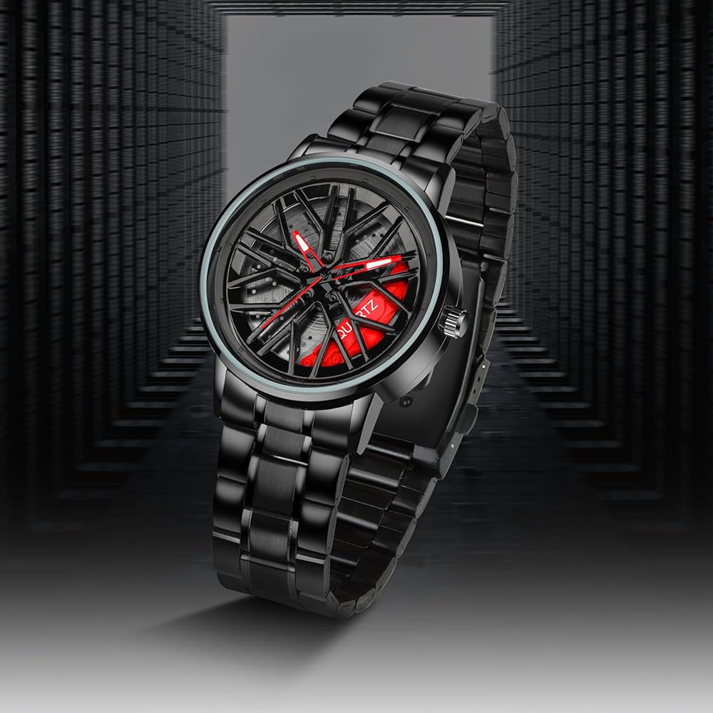 Luxury Sports Car Wheel Rim Watch – Black & Red Edition